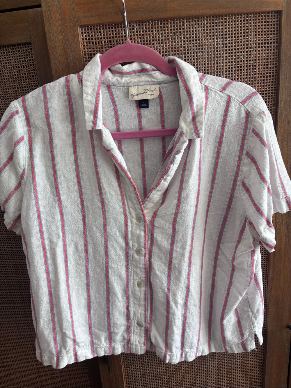 Universal Thread Striped Short Sleeve Button-Up in White, Pink and Blue